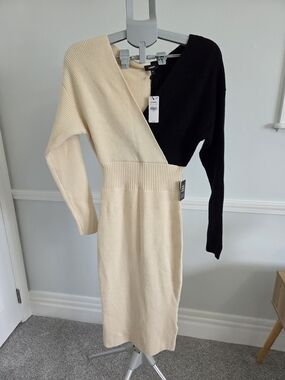 Express Two-Tone Black and Cream Ribbed Wrap-Style Sweater Dress